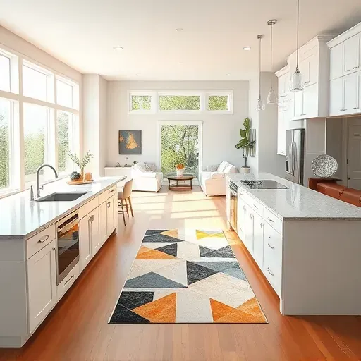 Modern Spring TX kitchen with white cabinetry, granite island, hardwood floors, and serene living area décor.