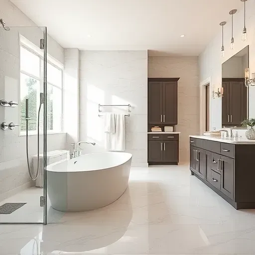 Beautiful remodeled bathroom in Aldine TX with modern fixtures, glass shower, freestanding tub, marble floors, and natural light