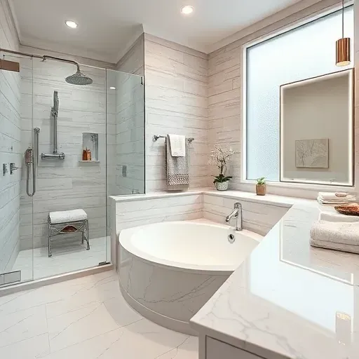 Beautiful remodeled Klein TX bathroom with modern fixtures, marble countertops, glass shower, soaking tub, and elegant decor