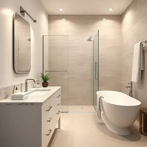 Remodeled Cypress TX bathroom with marble vanity modern fixtures glass shower freestanding tub neutral tiles lush towels decor