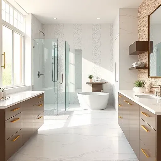 Beautiful remodeled Katy TX bathroom with walk-in shower, soaking tub, marble countertops, mosaic accent wall and natural light