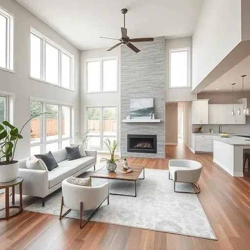 Renovated living room in Woodbranch, TX features modern decor, high ceilings, large windows, and custom fireplace.