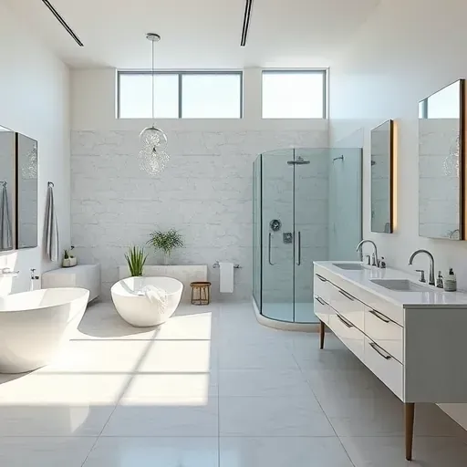 Remodeled Kingwood TX bathroom with modern design, freestanding tub, walk-in shower, double vanity, marble countertops, and elegant finishes