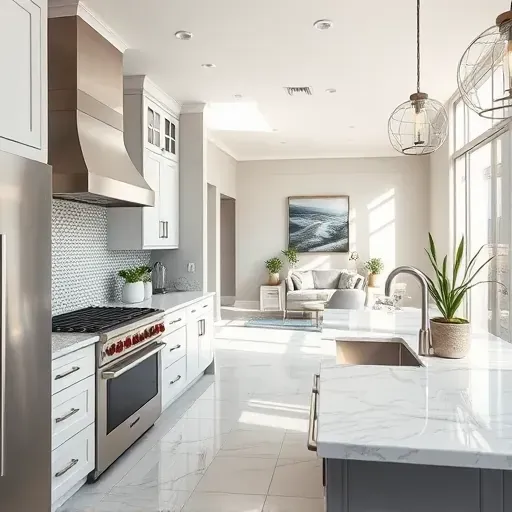 Modern kitchen remodel in West Houston features stainless steel appliances, marble countertops, and custom cabinetry.