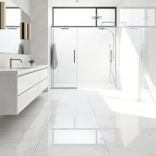 Heated bathroom flooring with sleek tiles, modern fixtures, polished marble countertops, frosted glass window, and tiled shower area