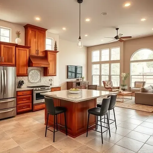 Modern kitchen remodel in Richmond TX with granite countertops, stainless steel appliances, and warm wood cabinetry.