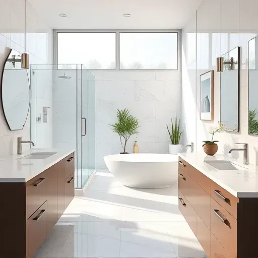 Renovated bathroom in Spring TX with modern fixtures, glass shower, freestanding tub, and double vanity, illuminated by sunlight.