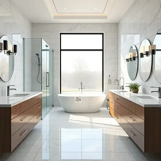 Remodeled Westpark Tollway TX bathroom with walk-in shower, marble countertops, freestanding bathtub, modern fixtures, and large frosted windows