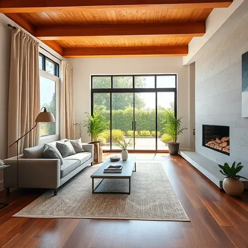 Inviting living room in Tomball Parkway TX featuring modern design elements, cozy fireplace, and lush greenery.