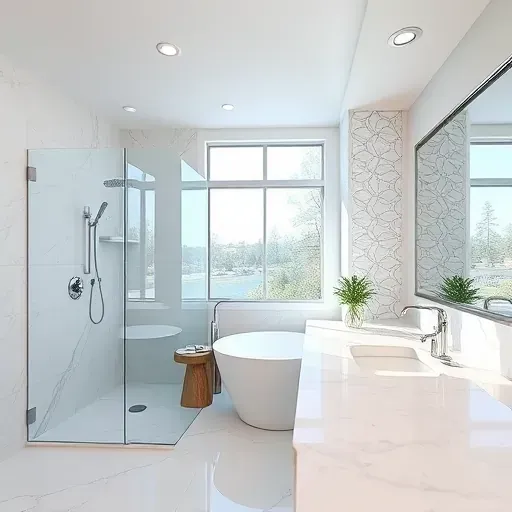 Modern bathroom remodel in Woodbranch TX with walk-in shower, marble tiles, freestanding tub, neutral tones, and elegant cabinetry