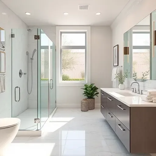 Renovated Oak Ridge North TX bathroom with modern fixtures, walk-in shower, marble countertops, and natural lighting