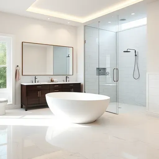 Spacious modern bathroom in Spring, TX with porcelain tiles, freestanding bathtub, and elegant marble accents.