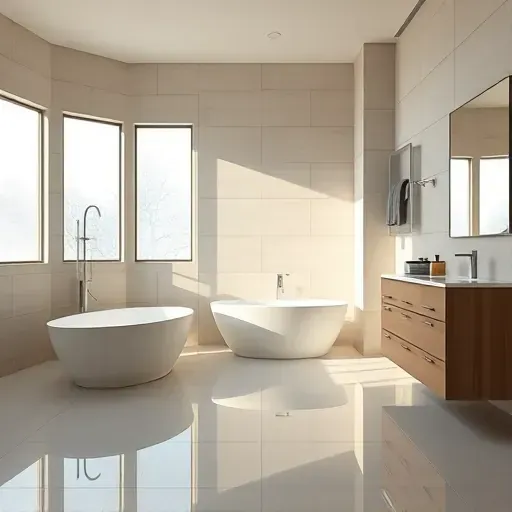 Remodeled Klein TX bathroom with neutral tiles, frameless glass shower, freestanding tub, elegant vanity, and natural light
