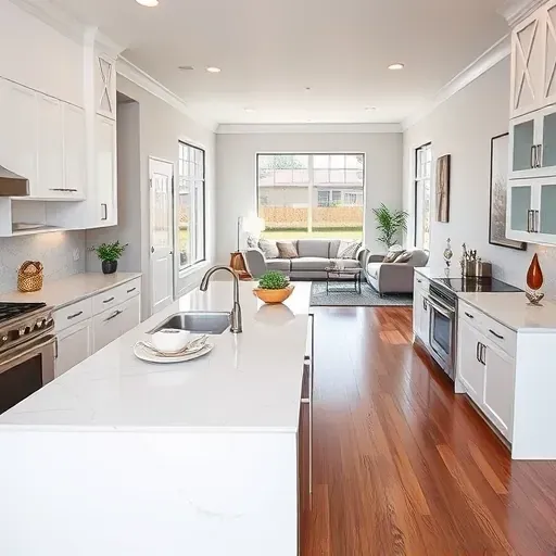 Stunning modern kitchen in Jersey Village TX with white cabinetry, marble island, and airy living room decor.