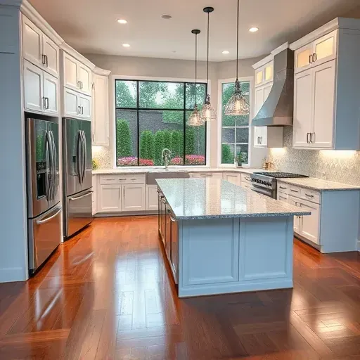 Modern kitchen in Porter TX with white cabinetry, granite island, stainless appliances, and garden view.