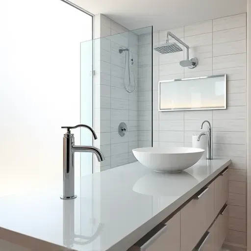 Renovated Spring TX bathroom with chrome faucets glass shower vanity vessel sink and elegant fixtures natural light