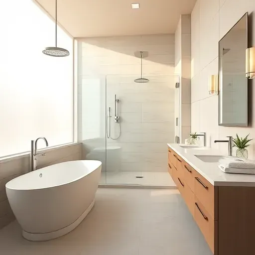 Renovated bathroom in Westpark Tollway Area TX with modern fixtures, marble countertops, and natural light.