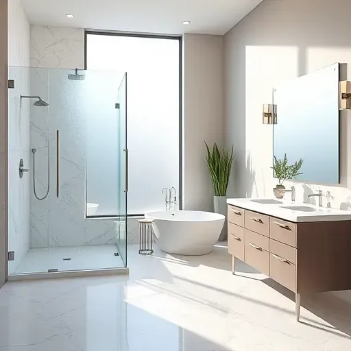 Renovated Kingwood TX bathroom with glass shower, marble tiles, soaking tub, quartz vanity, modern lighting, and elegant decor