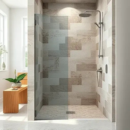 Newly installed modern tile shower in Spring TX with intricate mosaic and natural stone tiles, brushed nickel fixtures