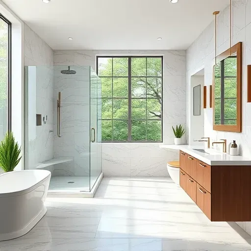 Renovated bathroom in Spring TX with modern fixtures, walk-in shower, marble countertops, and stylish decor.