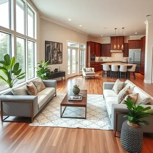 Spacious living room in Richmond TX with modern furnishings, hardwood floors, elegant decor, and inviting ambiance.