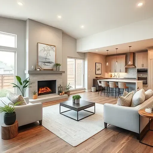 Modern Oak Ridge North living room remodel with large windows, custom fireplace, stylish decor, and inviting ambiance.