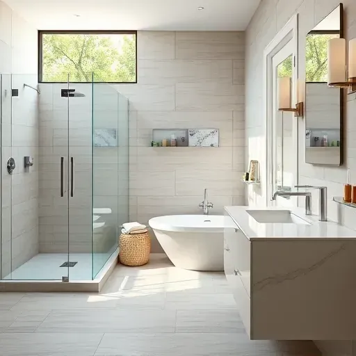 Renovated Porter TX bathroom with modern glass shower, freestanding tub, marble vanity, polished tiles and natural lighting