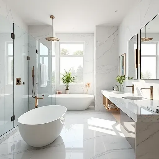 Renovated Pearland bathroom with marble tiles, walk-in shower, soaking tub, granite vanity, modern fixtures, bright natural light