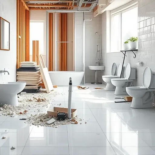 Depicted is a clean, organized demolished bathroom with debris, stacked fixtures, exposed framing, and bright natural light