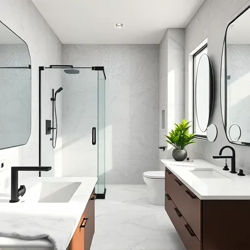 Completed bathroom remodel in Spring TX with modern design, frameless shower, matte black fixtures, and marble countertops.