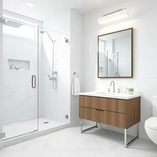 Freshly remodeled bathroom in Spring TX with modern design, glass walk-in shower, marble tiles, and sleek vanity.