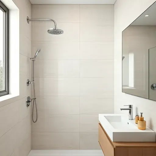 Freshly completed modern shower wall with seamless tiles, chrome fixtures, minimalist vanity, and natural lighting in a pristine bathroom