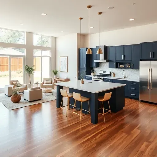 Spacious modern kitchen in Klein TX with navy cabinetry, quartz countertops, and polished hardwood flooring.