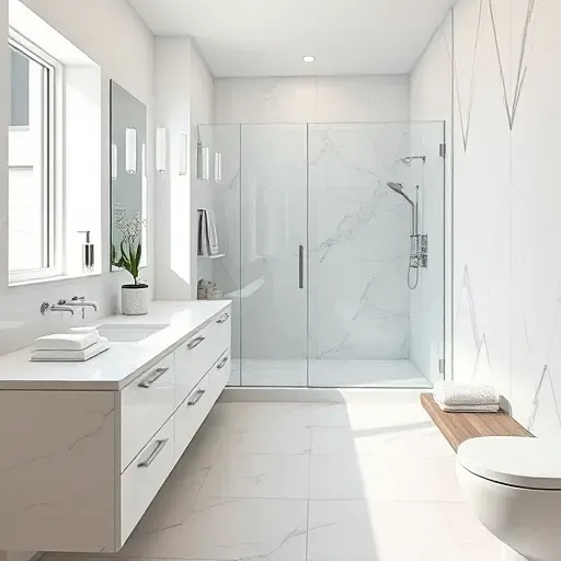 Renovated Hedwig Village TX bathroom with marble countertops, glass shower, brushed nickel fixtures, and modern design