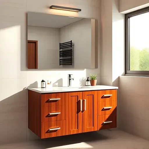 Perfectly installed modern bathroom vanity in Spring TX with polished wood, granite top, large mirror, and neutral tiled background