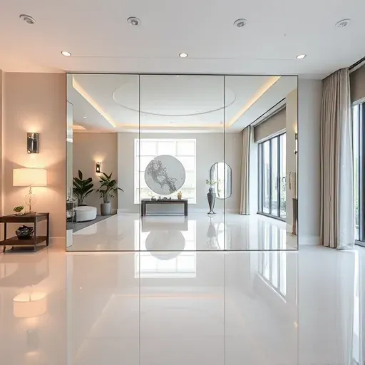 Beautiful modern mirror installation in a bright spring TX interior with reflective surfaces, warm lighting, and elegant decor