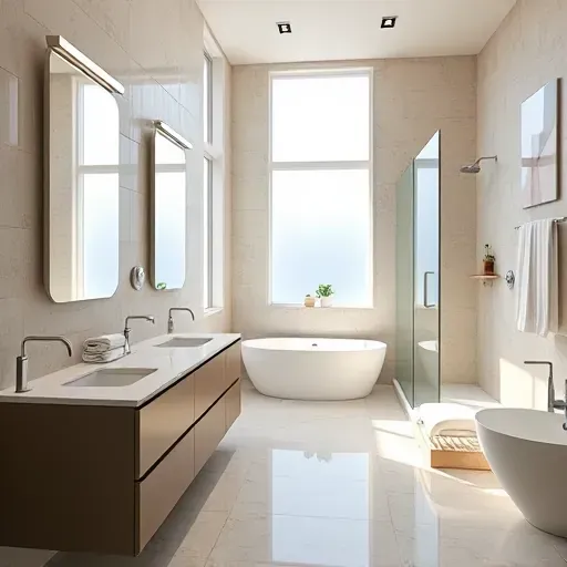 Modern bathroom in Oak Ridge North TX with marble countertops, brushed nickel fixtures, glass shower doors, and natural light