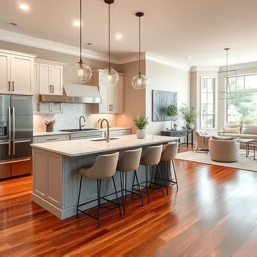 Renovated kitchen in North Houston with modern appliances, polished marble countertops, and elegant bar stools in warm neutrals.