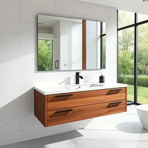 Floating modern bathroom vanity with white marble countertop walnut cabinet natural light lush greenery