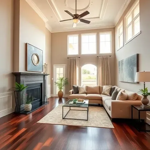 Renovated living room in Hunters Creek Village features high ceilings, natural light, elegant decor, and luxurious furnishings.