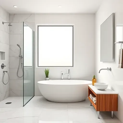 Finished modern bathroom in Magnolia Texas with walk-in glass shower, freestanding tub, quartz vanity, and elegant design