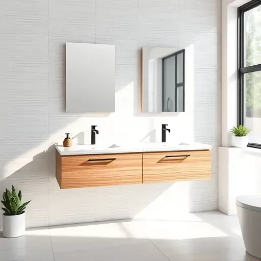 Completed modern floating vanity installation in a bright spring TX bathroom with polished surfaces, natural light, and elegant decor