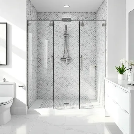 Finished mosaic tile shower with modern fixtures, glass doors, pristine grout, polished flooring, and neutral walls in a contemporary bathroom