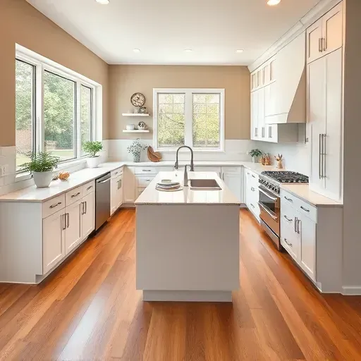 Modern kitchen remodeling in Aldine TX features white cabinetry, quartz island, wood floors, and natural light.