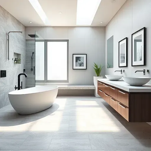 Modern remodeled bathroom in Kingwood TX featuring freestanding tub, walk-in shower, double vanity, and natural lighting.