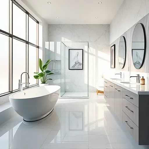 Luxury renovated bathroom in Pinehurst TX with modern fixtures, marble countertops, soaking tub, glass shower, and natural lighting