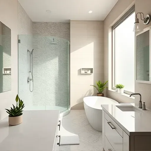 Modern renovated Bridgeland TX bathroom with sleek fixtures, glass shower, soaking tub, quartz countertops, greenery, natural light