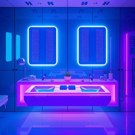 A futuristic bathroom scene featuring a double vanity installation with sleek, glowing, translucent surfaces emitting neon blue and violet light. The vanities have sharp, geometric lines and intersect at precise angles, creating a modern, high-tech look. Above each vanity are holographic mirrors that float slightly, displaying animated, minimalist digital patterns that pulse with synchronized lighting. The background showcases smart glass walls shifting shades of iridescent teal and silver, reflecting ambient lighting and adding depth to the environment. Subtle details include floating spherical storage compartments and integrated robotic accessories, highlighting advanced, innovative design elements. The space is bathed in a cool color palette of blues, purples, and silvers, with holographic light trails enhancing the sense of motion and futuristic elegance. The overall aesthetic combines clean, modern sophistication with playful, cutting-edge features, making it an eye-catching, visionary blog cover image that emphasizes modern urban living and smart interior design.