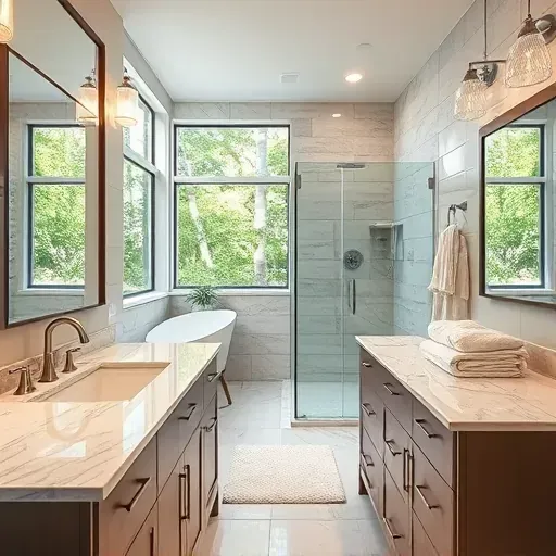 Beautifully renovated spring TX bathroom with modern fixtures, granite countertops, walk-in shower, stylish tiles, and natural light