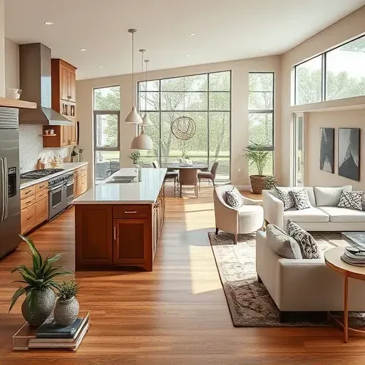 Modern open-concept living space in Cypress Creek TX featuring a stylish kitchen and elegant decor with natural light.